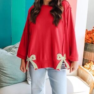 Hazel Blues Floral Bow Patched Exposed Seam Patchwork Slit Baggy Sweatshirt